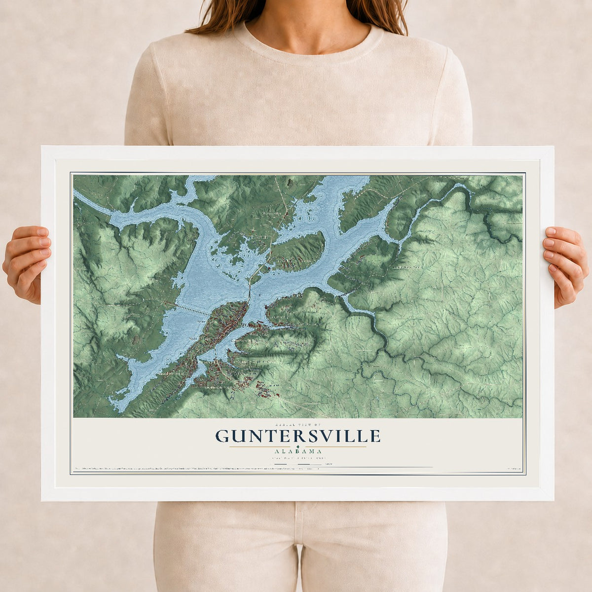 Map of Guntersville, Alabama, 12 x 18 inch print in a white wood frame