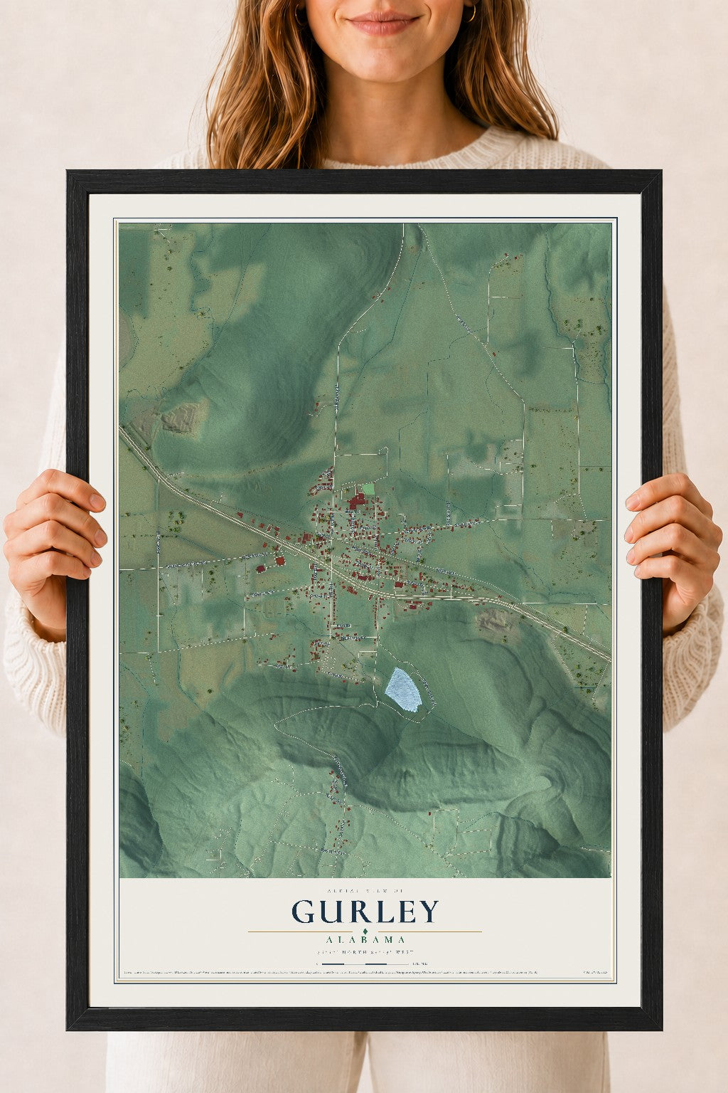 Map of Gurley, Alabama, 18 x 24 inch print in a black wood frame