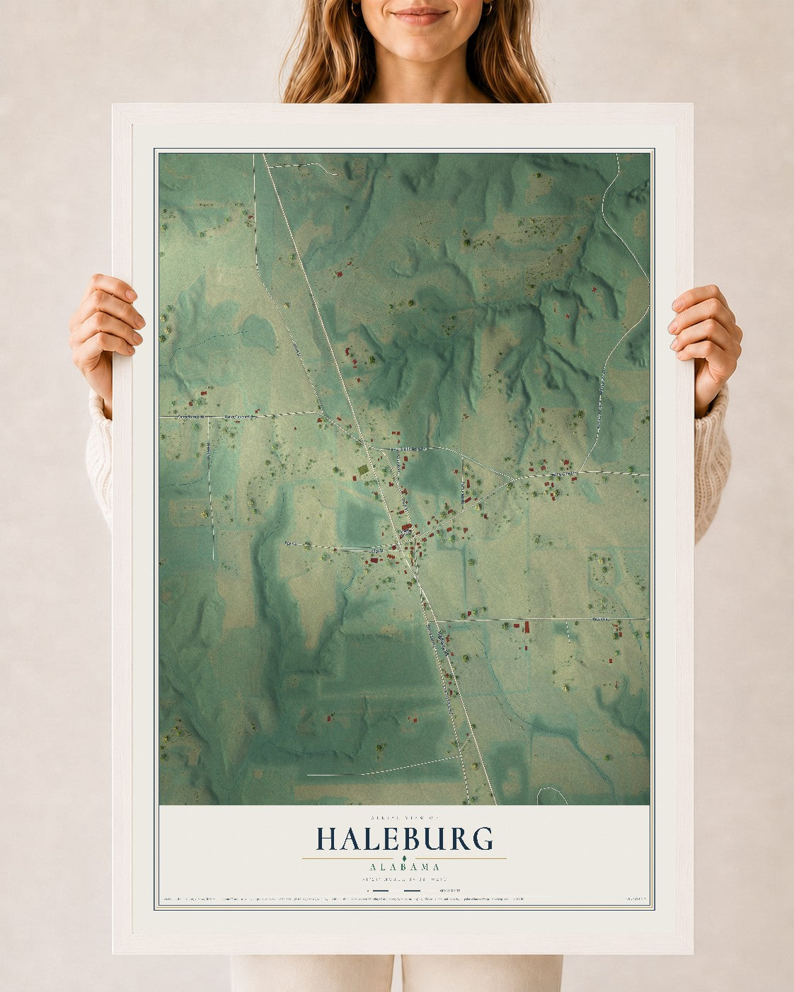 Map of Haleburg, Alabama, 24 x 36 inch print in a white wood frame