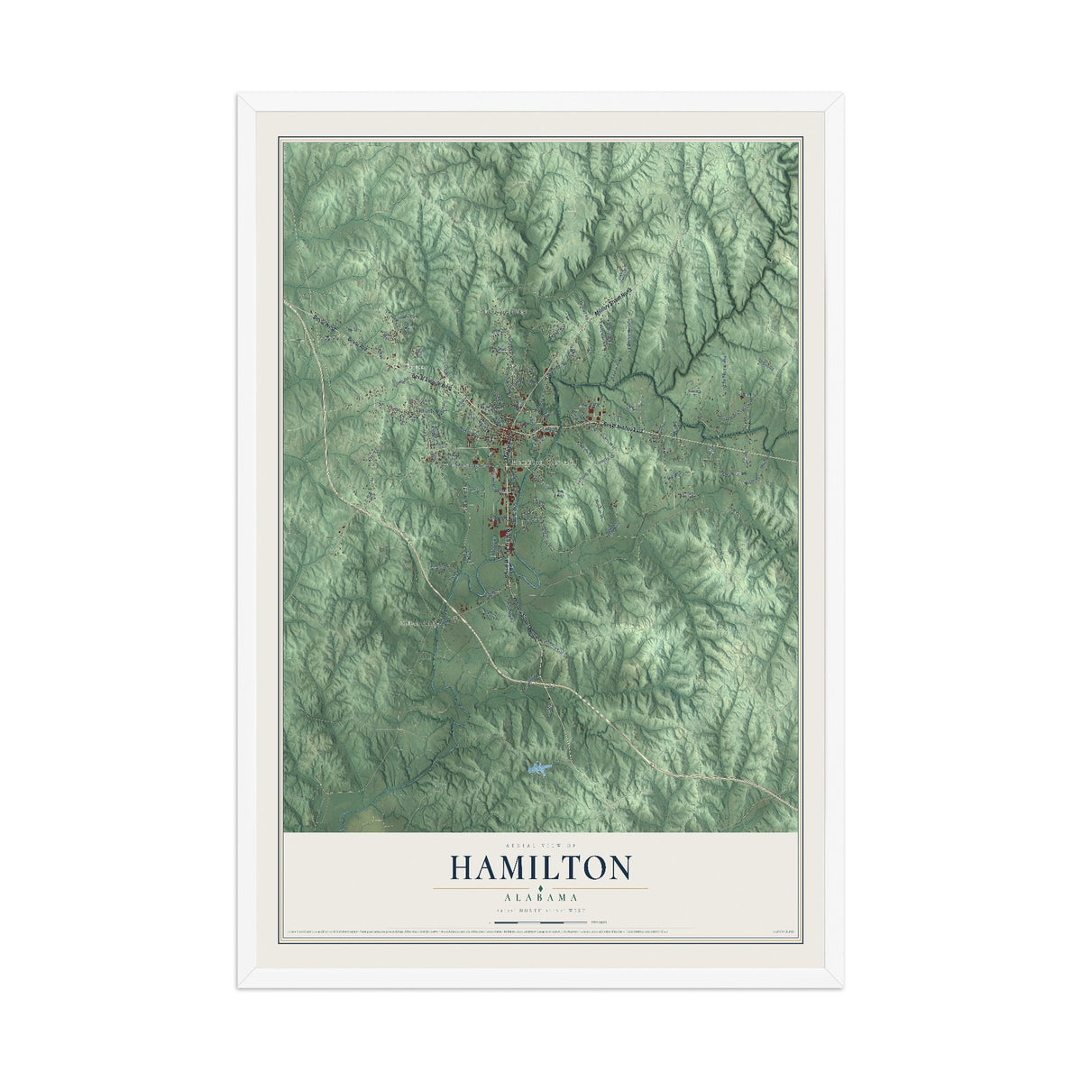 Map of Hamilton, Alabama, 12 x 18 inch print in a white wood frame