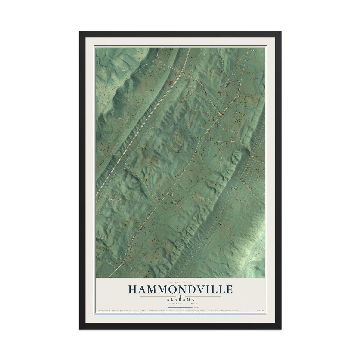 Map of Hammondville, Alabama, 12 x 18 inch print in a black wood frame