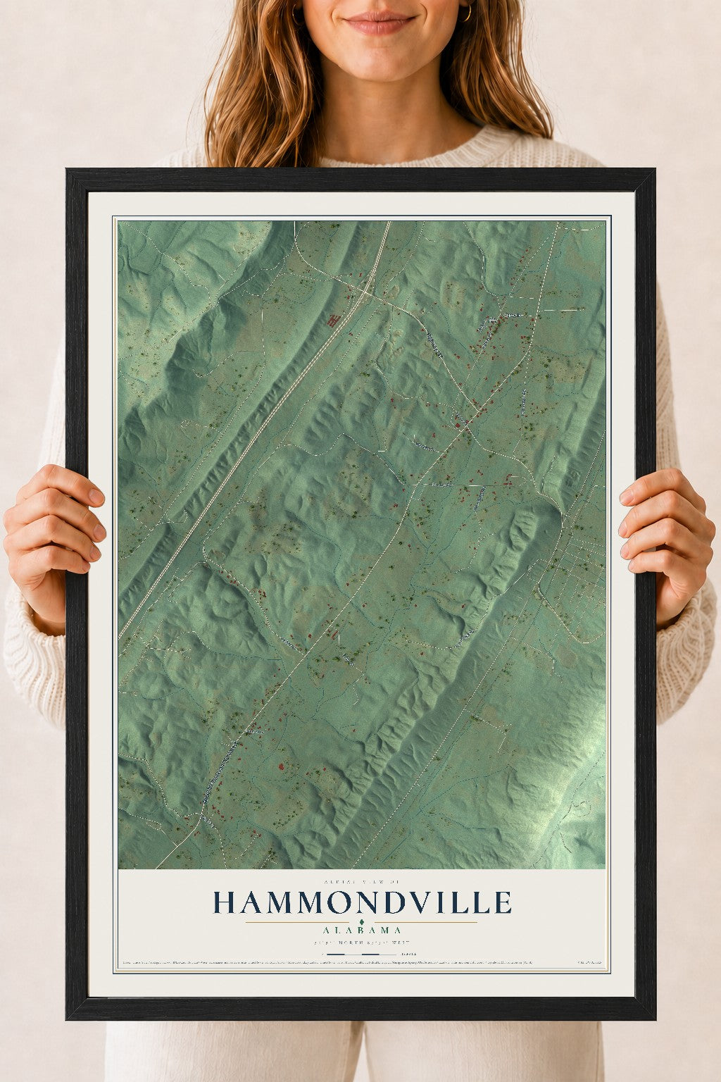 Map of Hammondville, Alabama, 18 x 24 inch print in a black wood frame