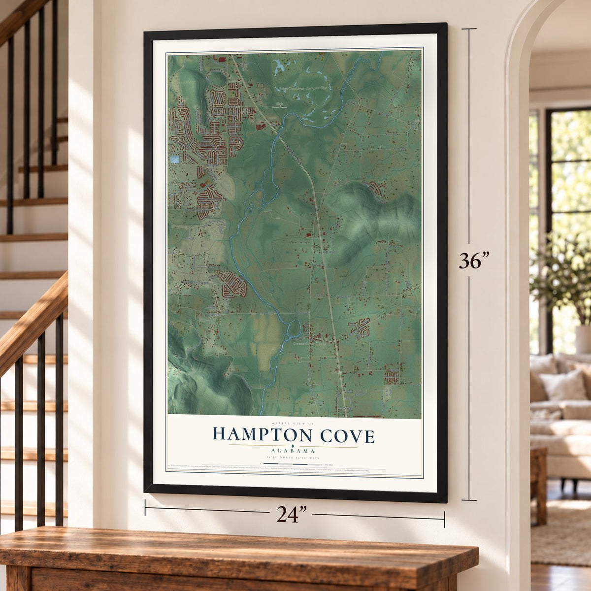 Hampton Cove, Alabama map, 24 x 36 inch print in a black frame by a staircase