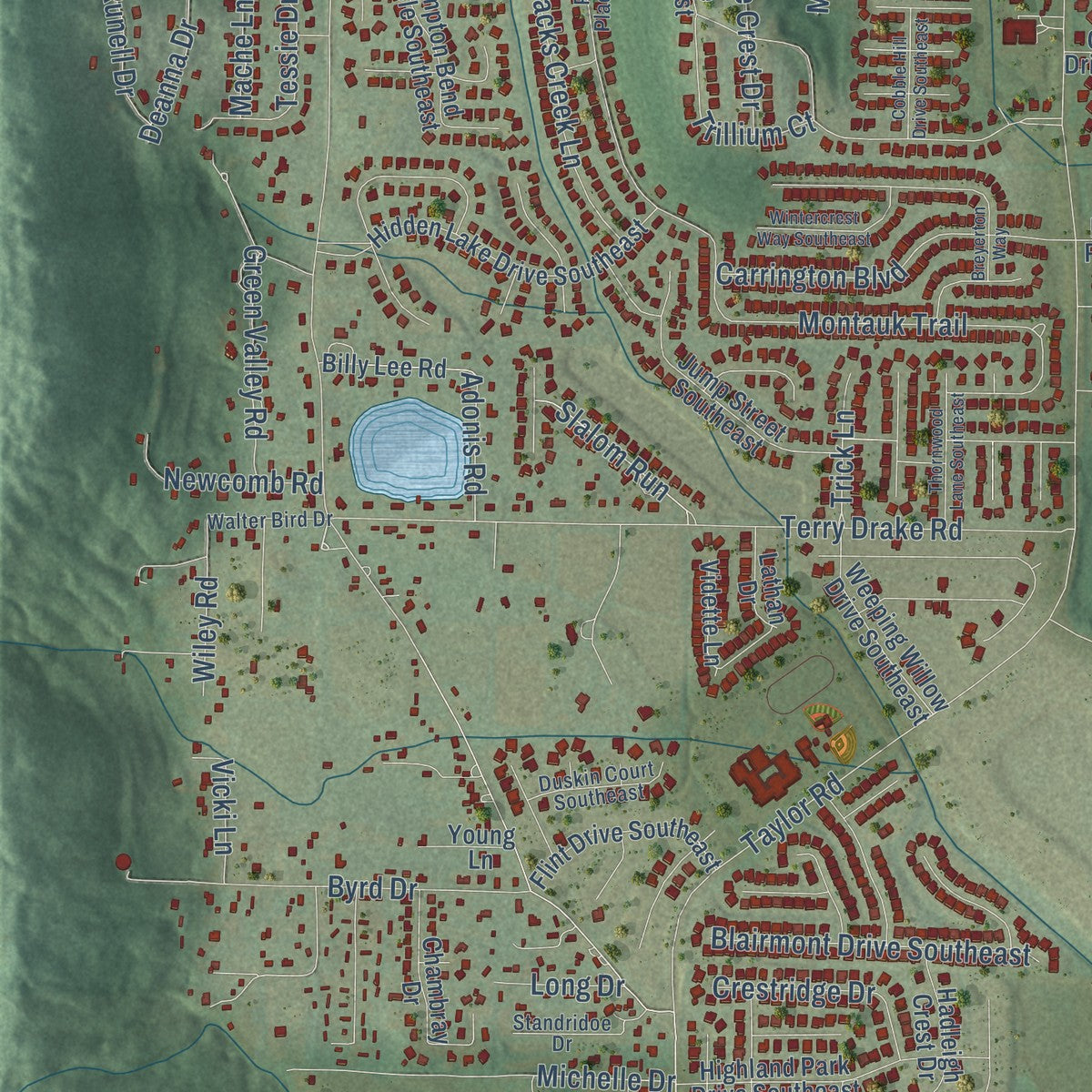 Close-up of the map of Hampton Cove, Alabama print showing street and building detail