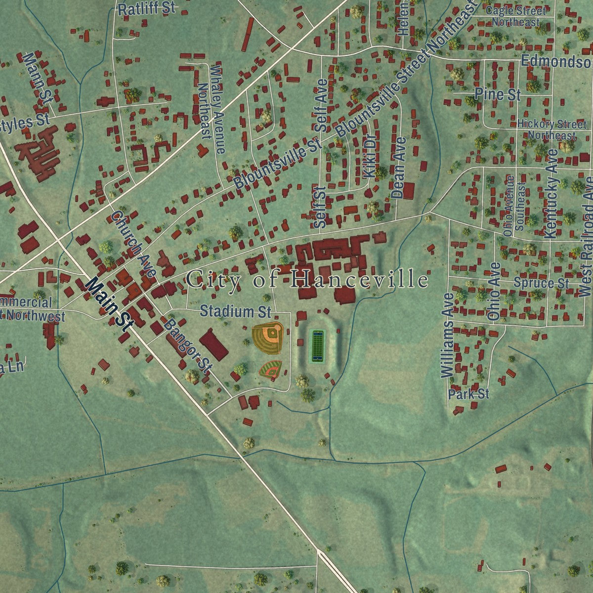 Close-up of the map of Hanceville, Alabama print showing street and building detail