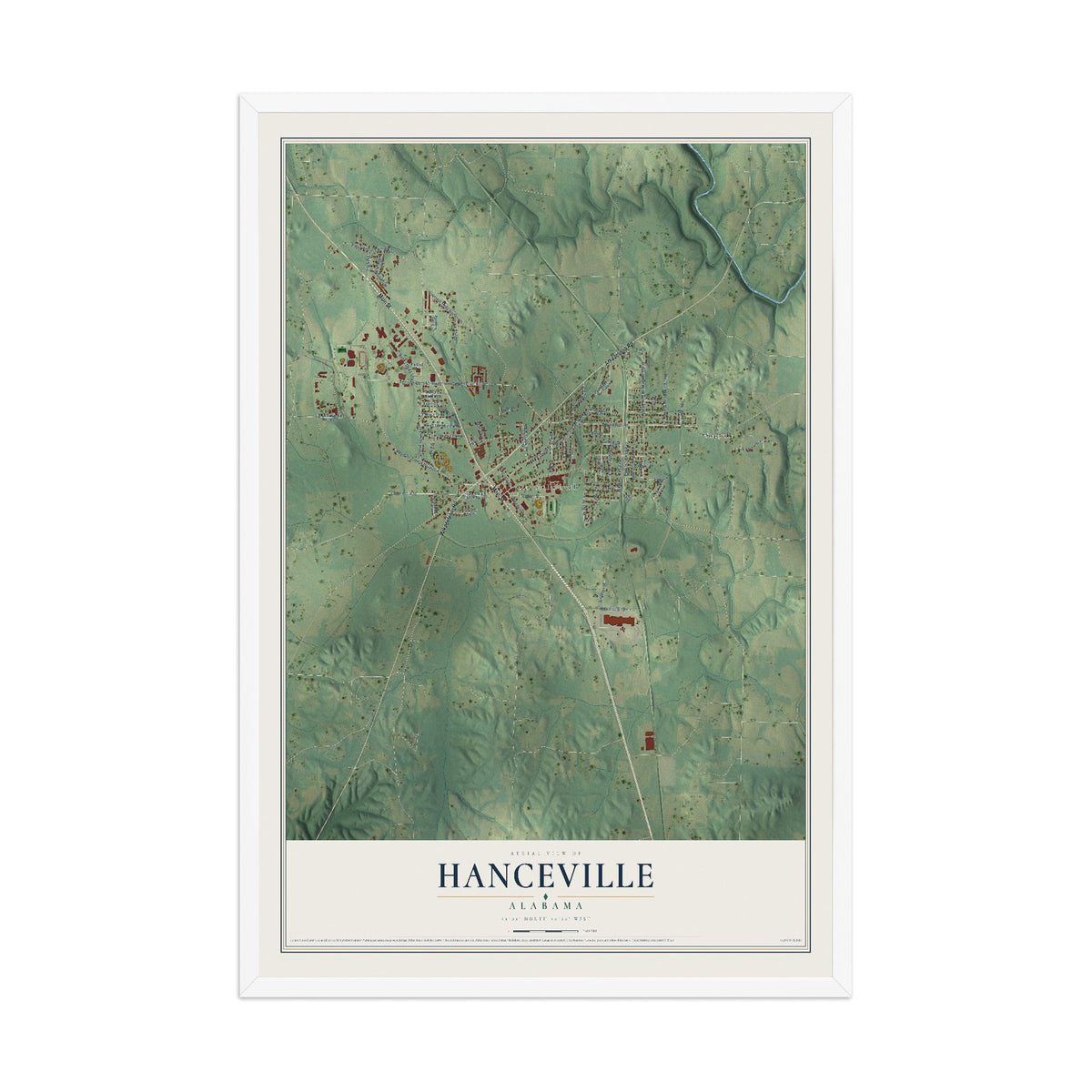 Map of Hanceville, Alabama, 12 x 18 inch print in a white wood frame