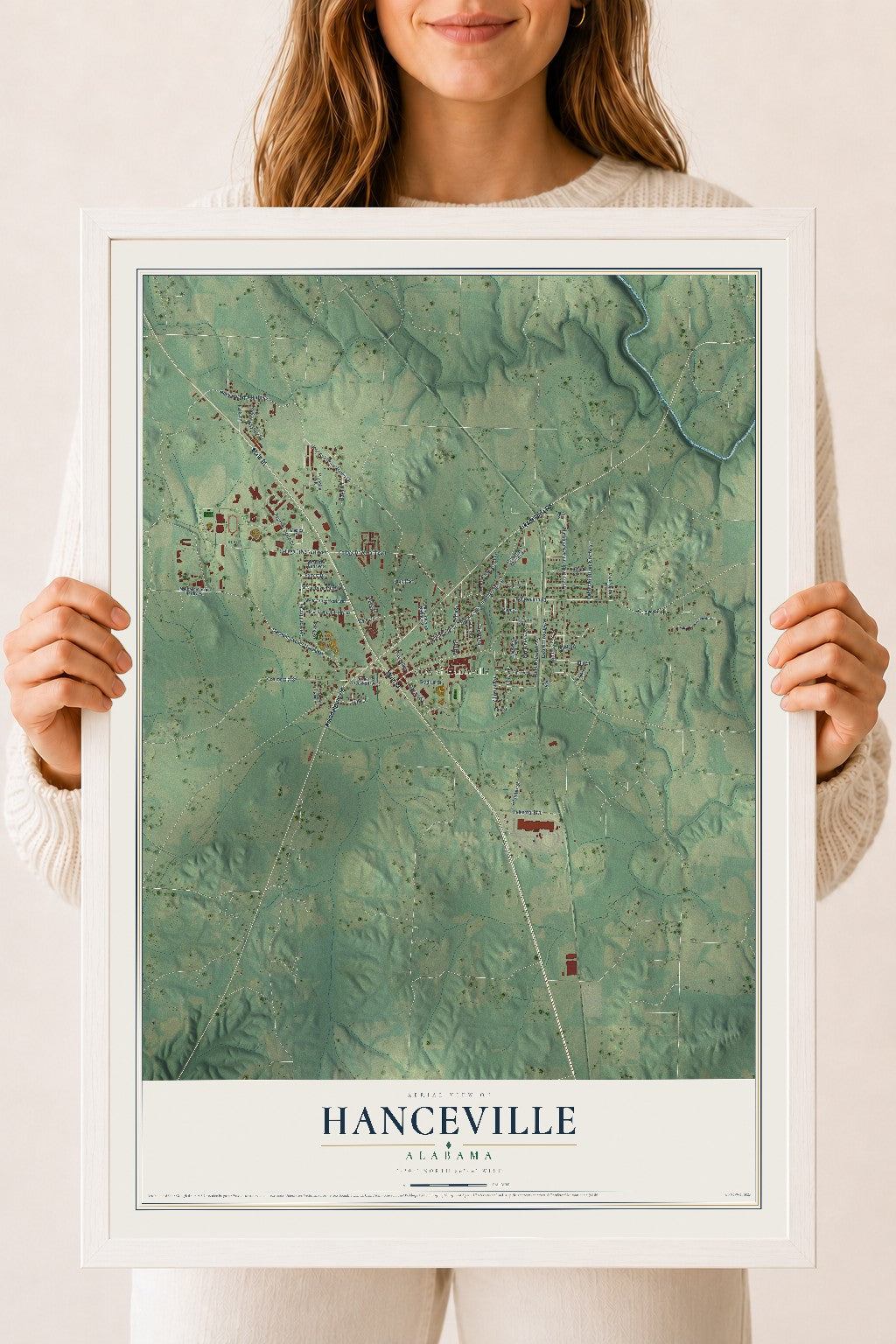 Map of Hanceville, Alabama, 18 x 24 inch print in a white wood frame