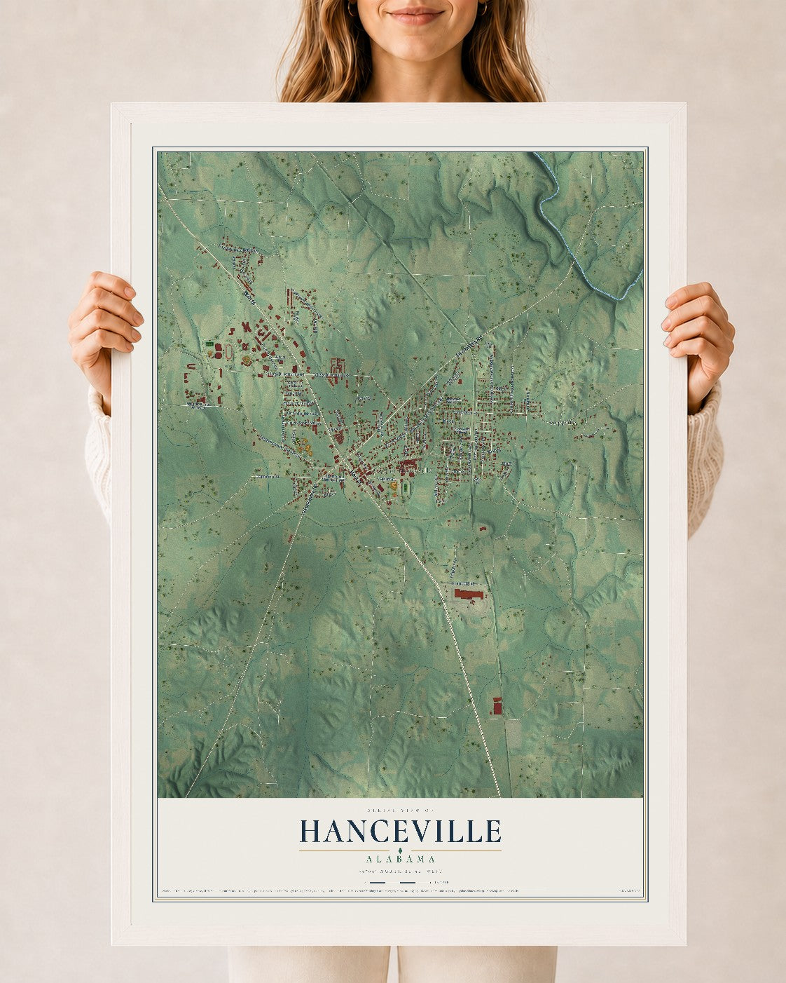 Map of Hanceville, Alabama, 24 x 36 inch print in a white wood frame