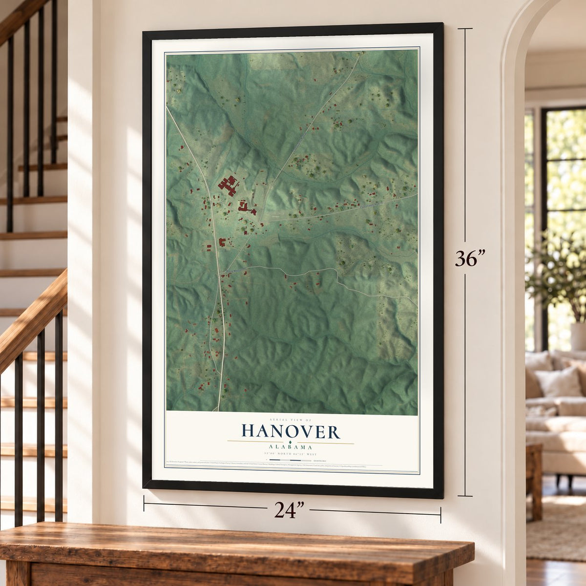 Hanover, Alabama map, 24 x 36 inch print in a black frame by a staircase