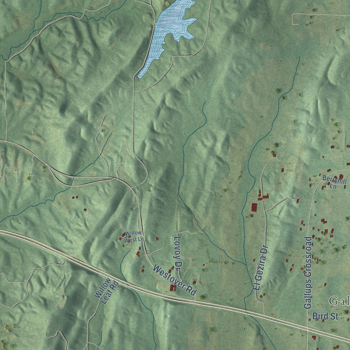 Close-up of the map of Harpersville, Alabama print showing street and building detail
