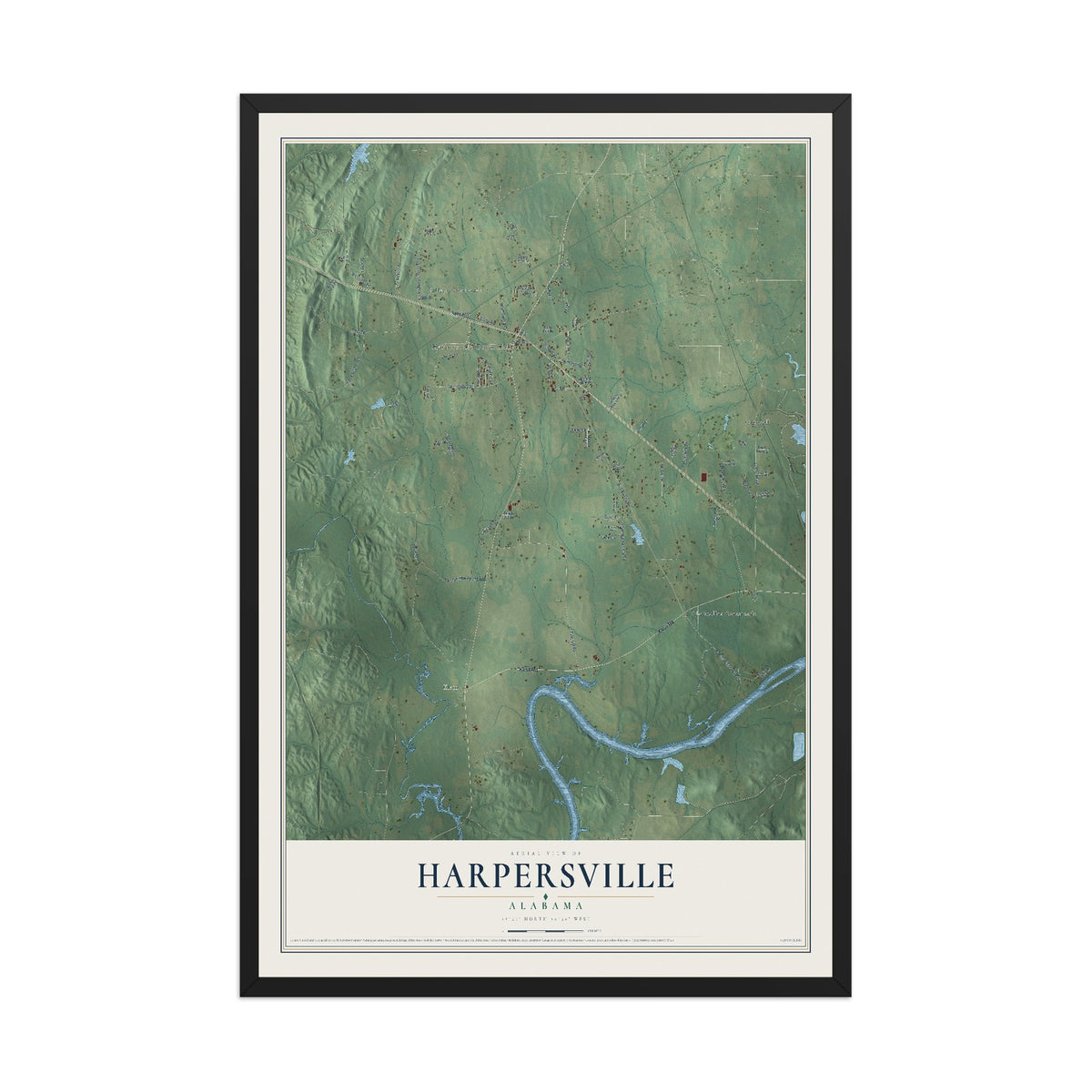 Map of Harpersville, Alabama, 12 x 18 inch print in a black wood frame