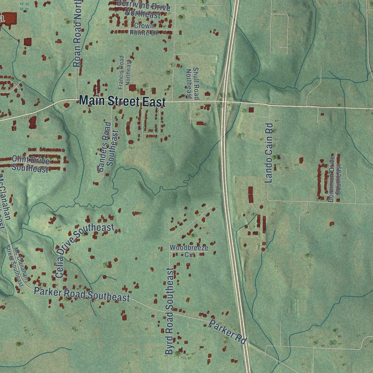 Second close-up of the map of Hartselle, Alabama print showing more streets and buildings