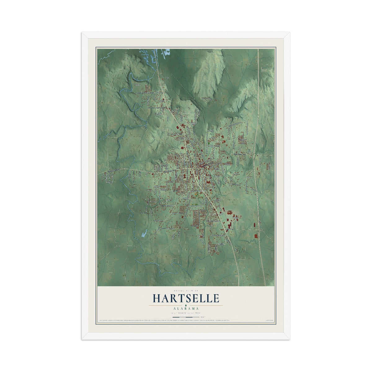 Map of Hartselle, Alabama, 12 x 18 inch print in a white wood frame