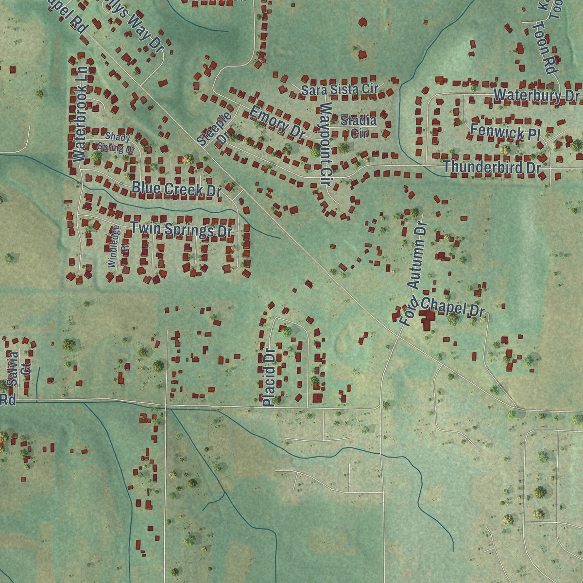Close-up of the map of Harvest, Alabama print showing street and building detail