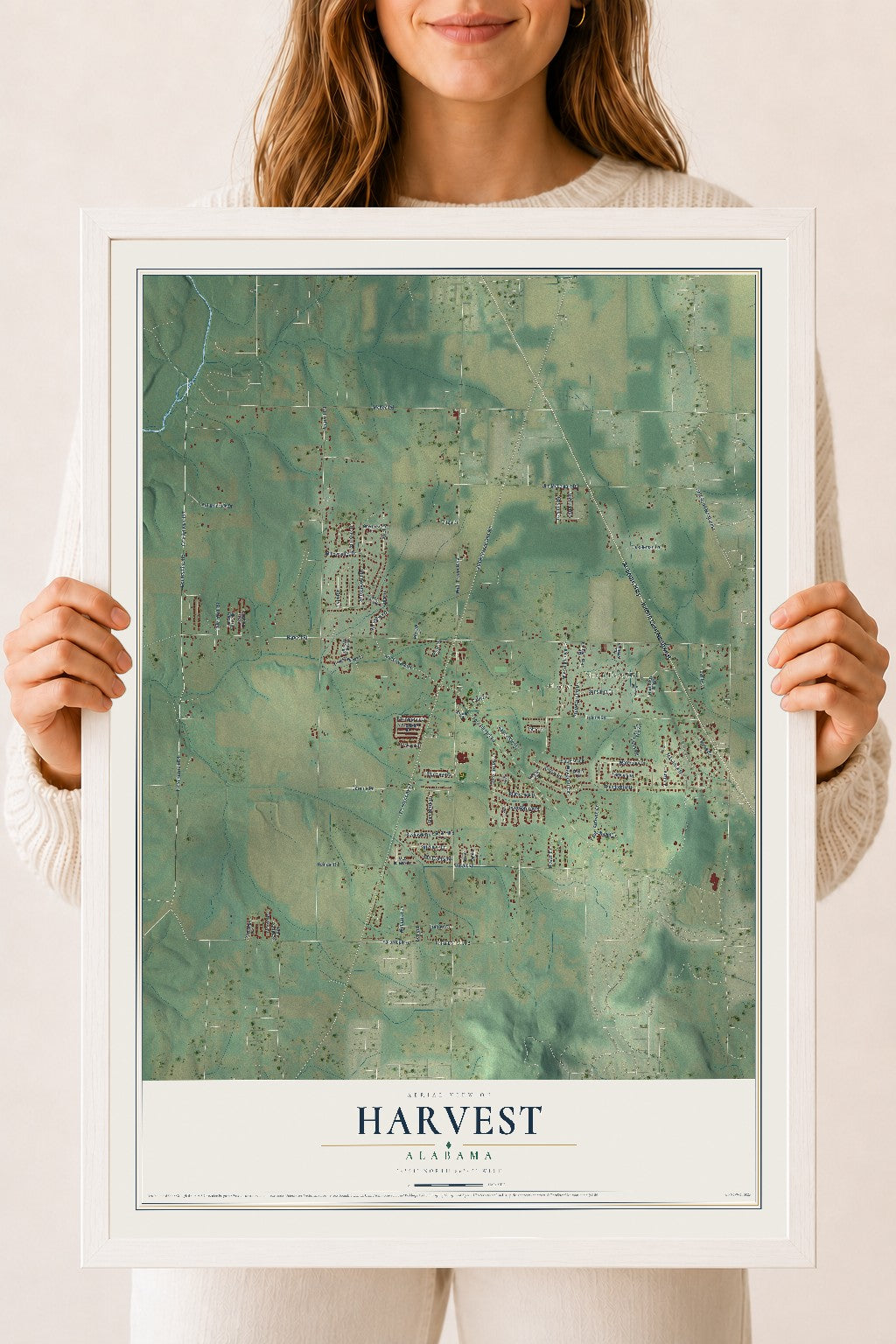 Map of Harvest, Alabama, 18 x 24 inch print in a white wood frame