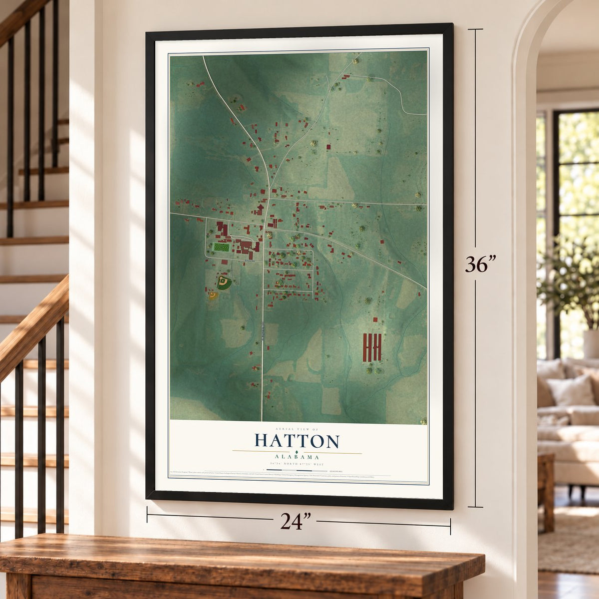 Hatton, Alabama map, 24 x 36 inch print in a black frame by a staircase