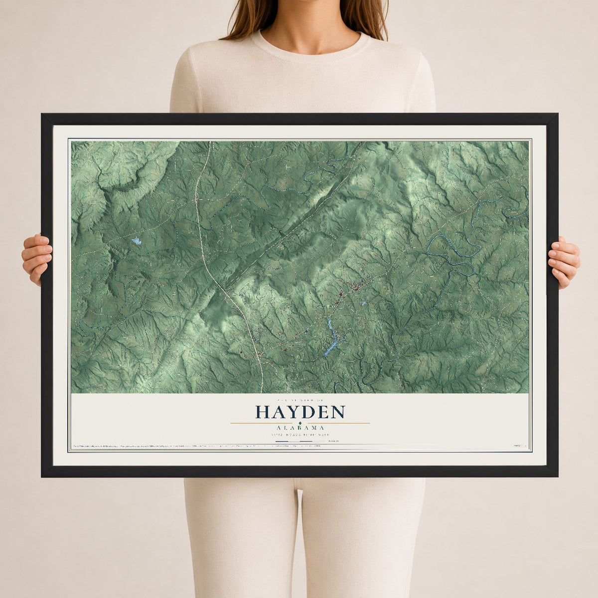 Map of Hayden, Alabama, 24 x 36 inch print in a black wood frame