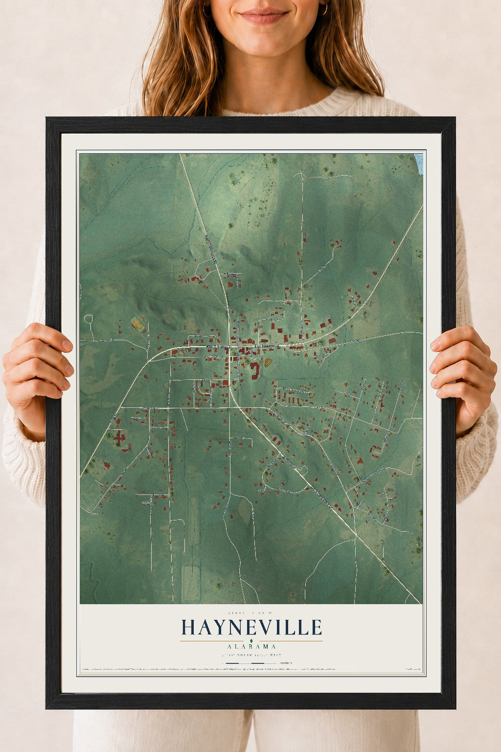 Map of Hayneville, Alabama, 18 x 24 inch print in a black wood frame