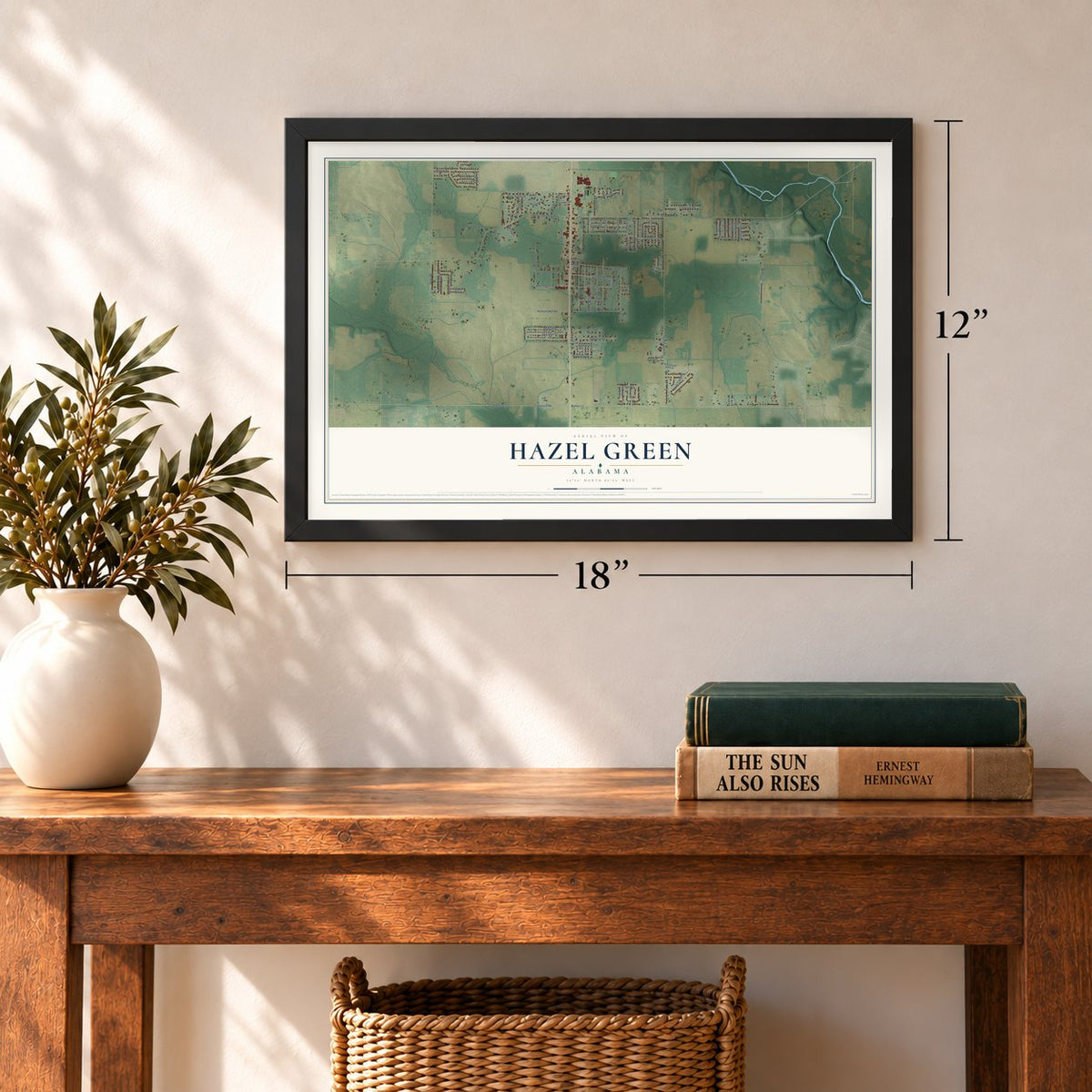 Hazel Green, Alabama map, 12 x 18 inch print in a black frame in an entryway