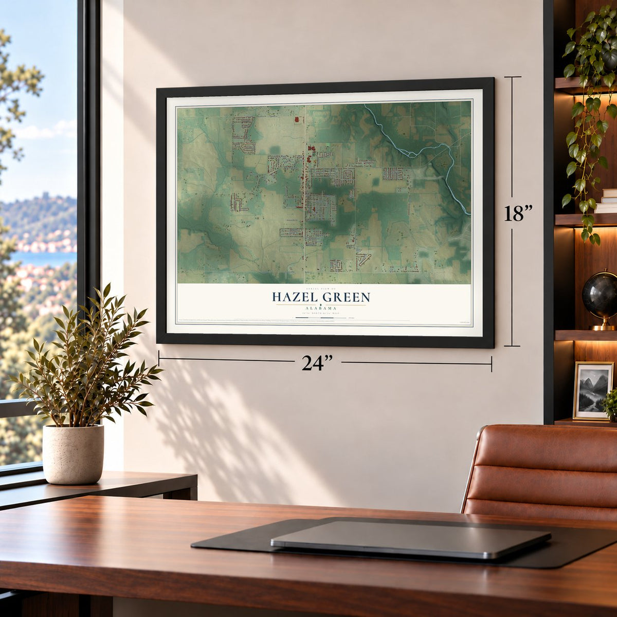Hazel Green, Alabama map, 18 x 24 inch print in a black frame in a home office