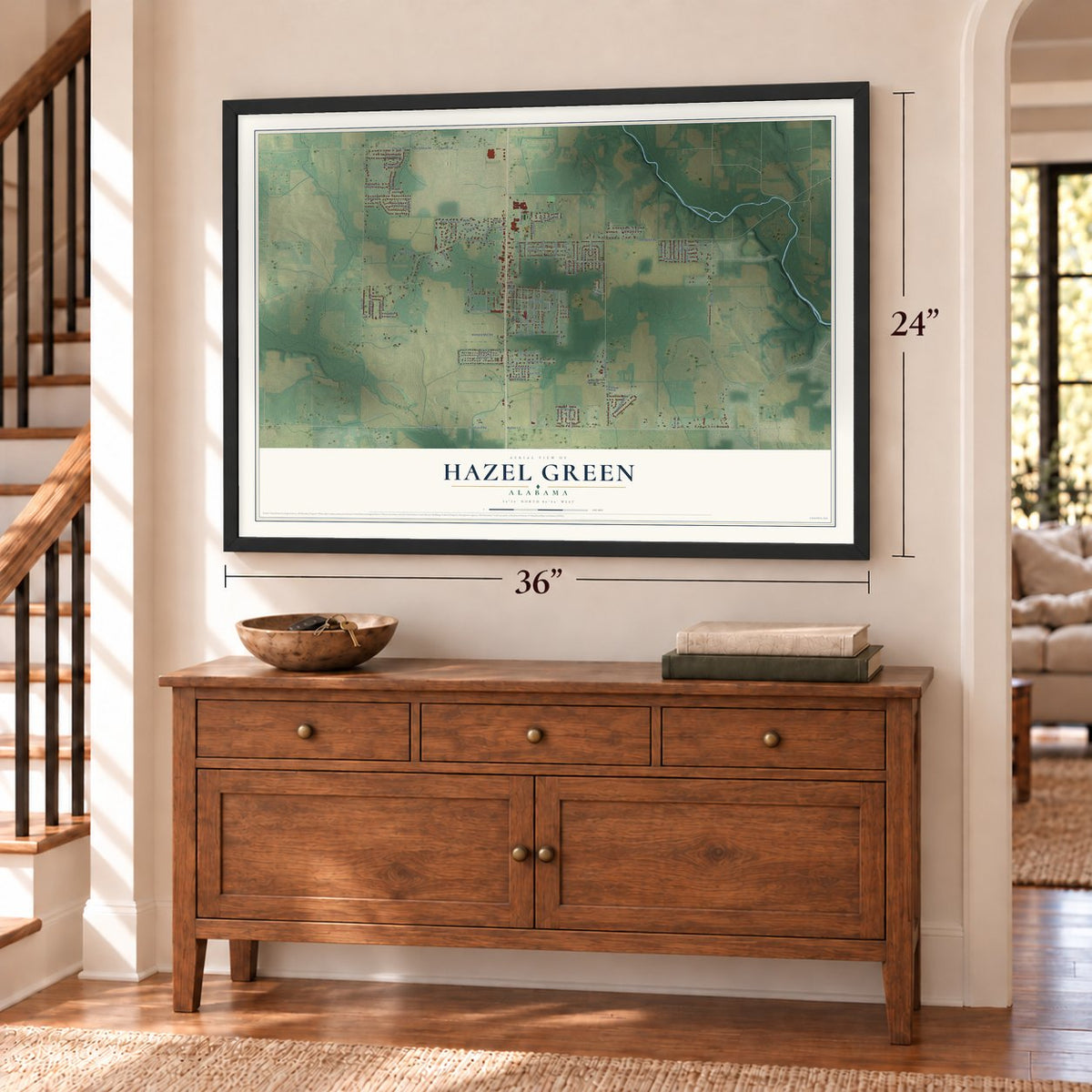 Hazel Green, Alabama map, 24 x 36 inch print in a black frame above a dresser by a staircase