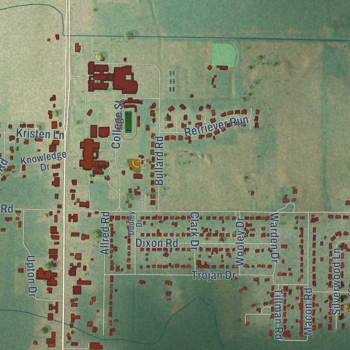 Close-up of the map of Hazel Green, Alabama print showing street and building detail