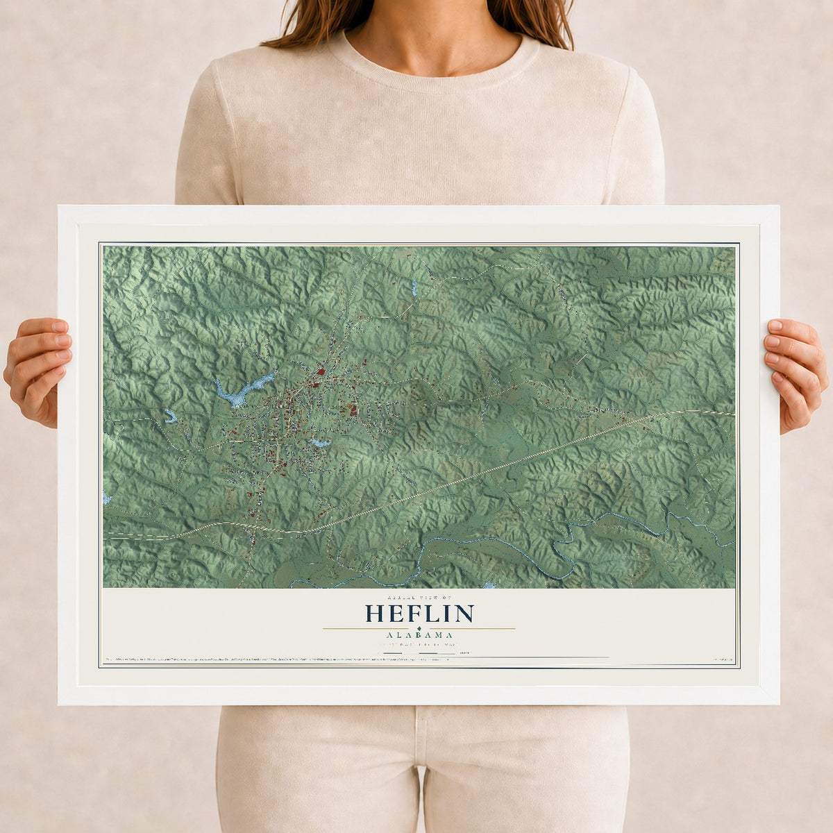Map of Heflin, Alabama, 12 x 18 inch print in a white wood frame