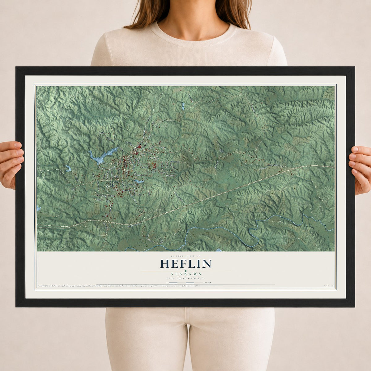 Map of Heflin, Alabama, 18 x 24 inch print in a black wood frame