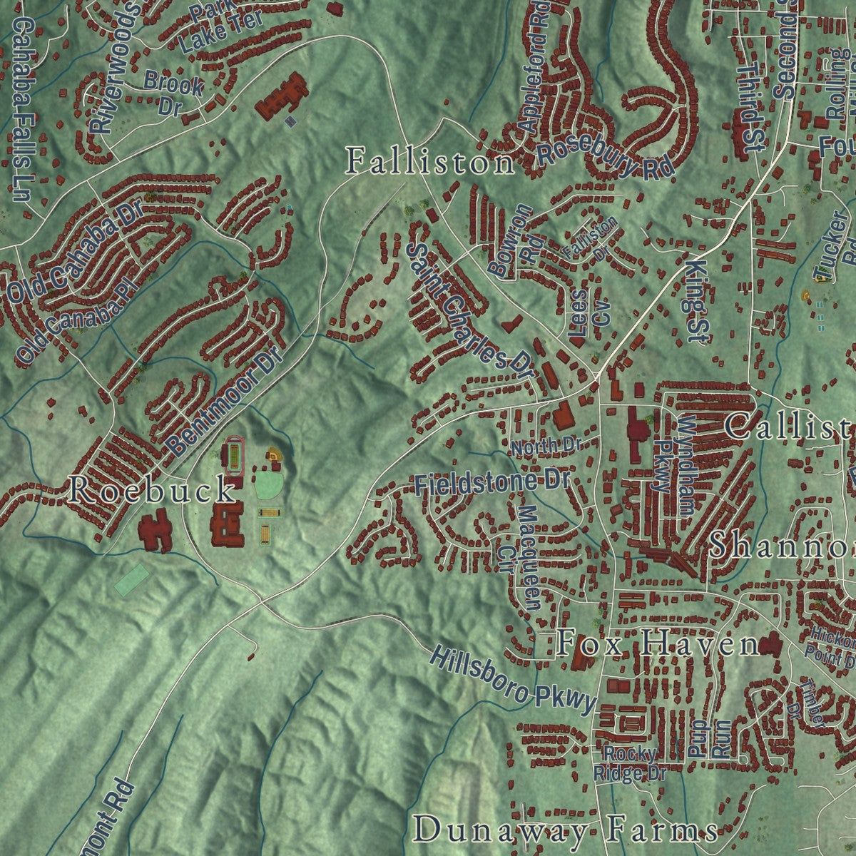 Close-up of the map of Helena, Alabama print showing street and building detail