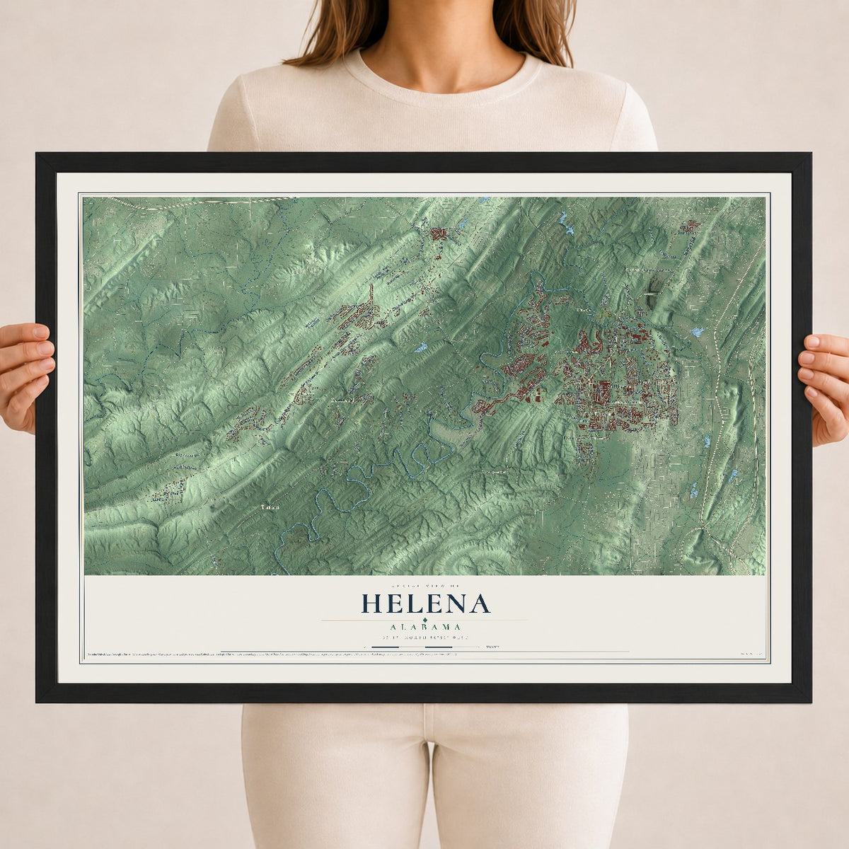 Map of Helena, Alabama, 18 x 24 inch print in a black wood frame