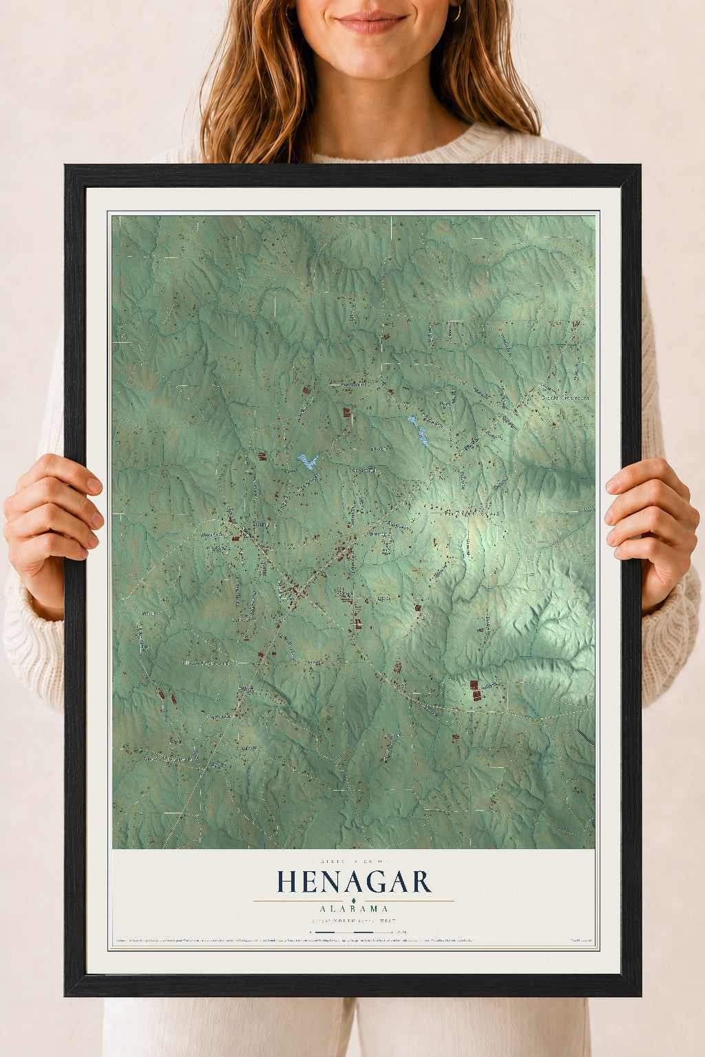 Map of Henagar, Alabama, 18 x 24 inch print in a black wood frame