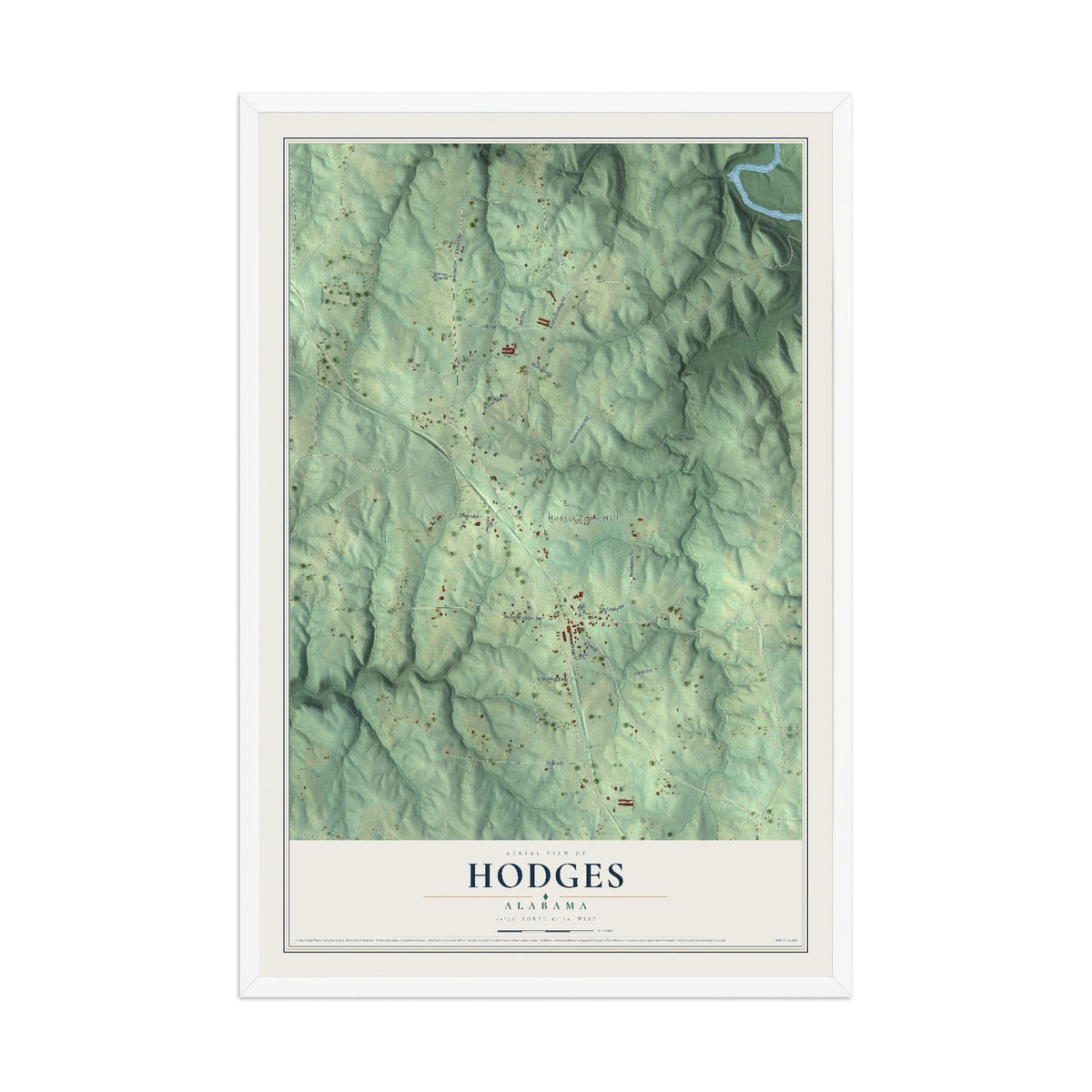 Map of Hodges, Alabama, 12 x 18 inch print in a white wood frame