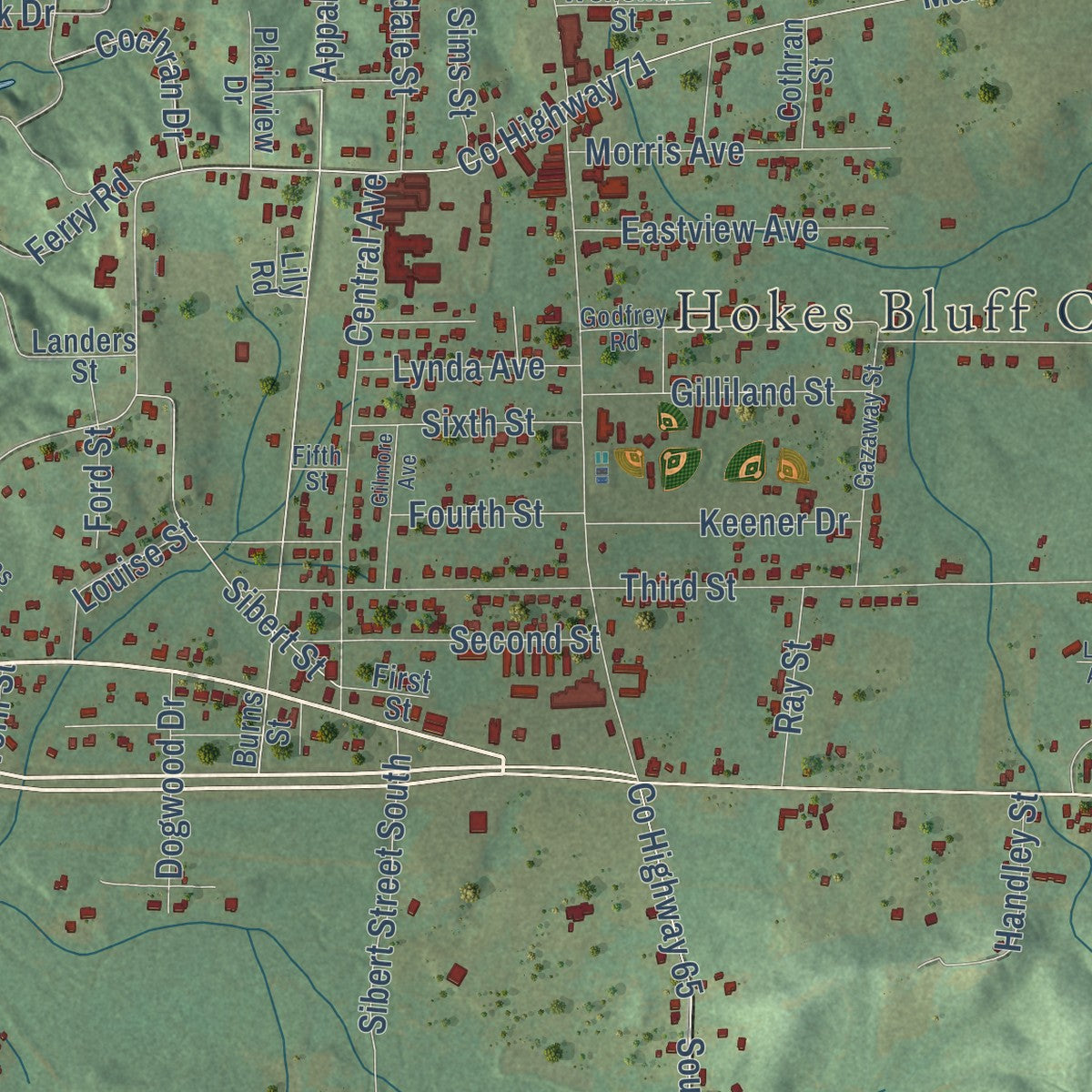 Close-up of the map of Hokes Bluff, Alabama print showing street and building detail