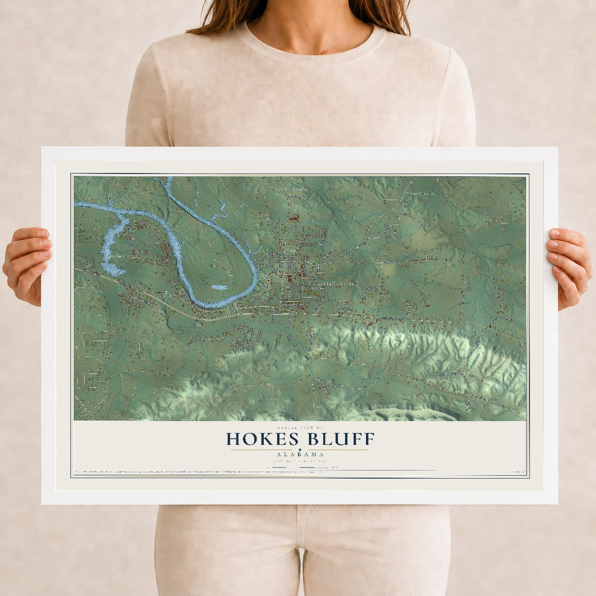 Map of Hokes Bluff, Alabama, 12 x 18 inch print in a white wood frame