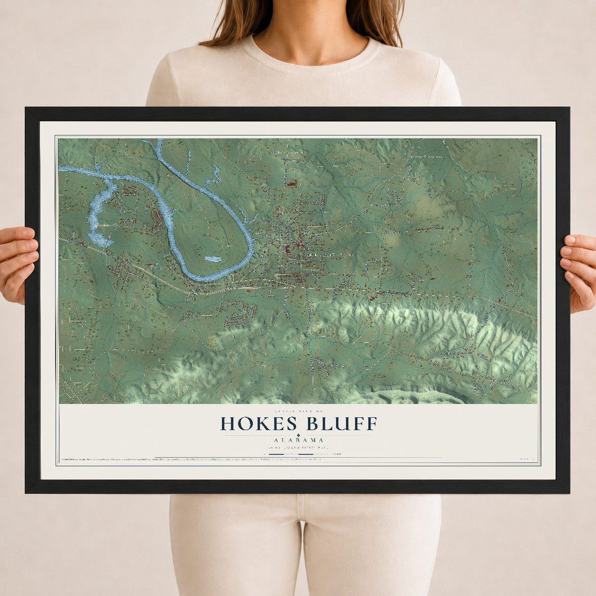 Map of Hokes Bluff, Alabama, 18 x 24 inch print in a black wood frame