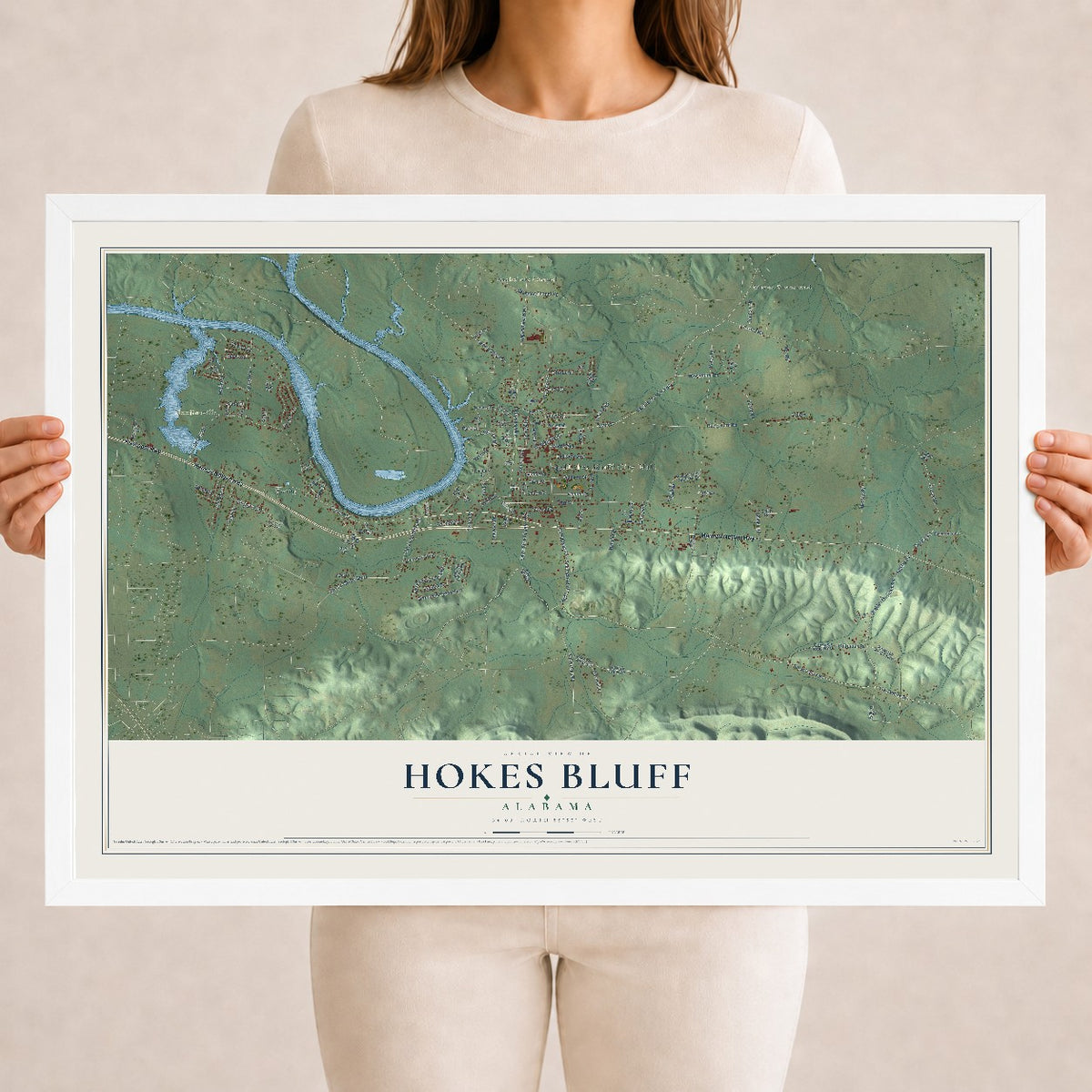 Map of Hokes Bluff, Alabama, 18 x 24 inch print in a white wood frame