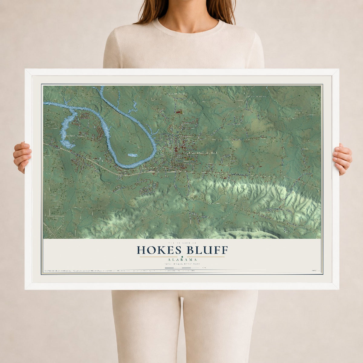 Map of Hokes Bluff, Alabama, 24 x 36 inch print in a white wood frame