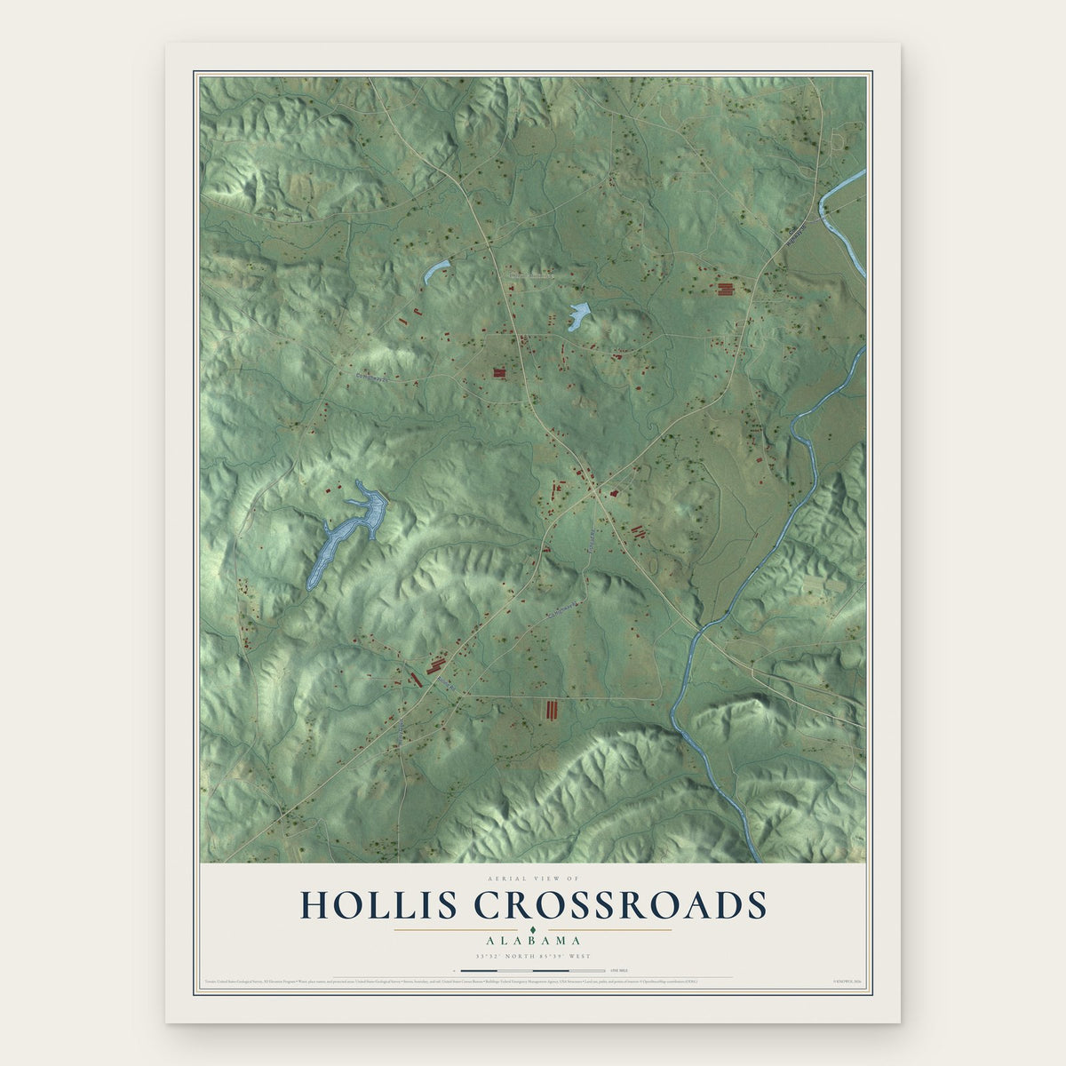 Hollis Crossroads, Alabama map print, the full design