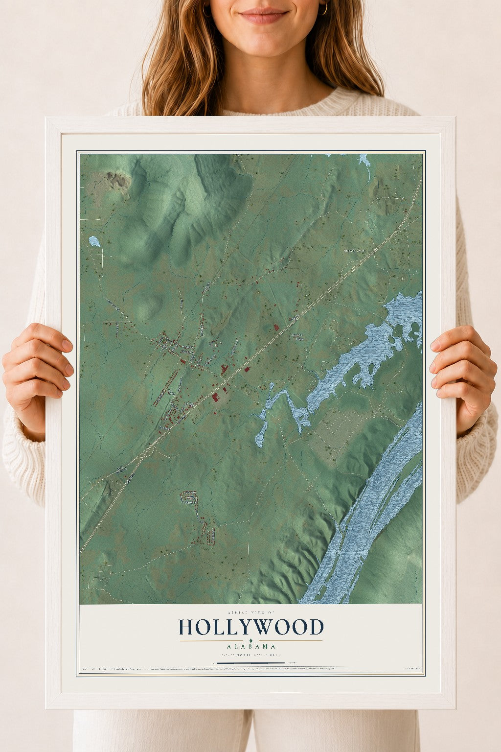 Map of Hollywood, Alabama, 18 x 24 inch print in a white wood frame