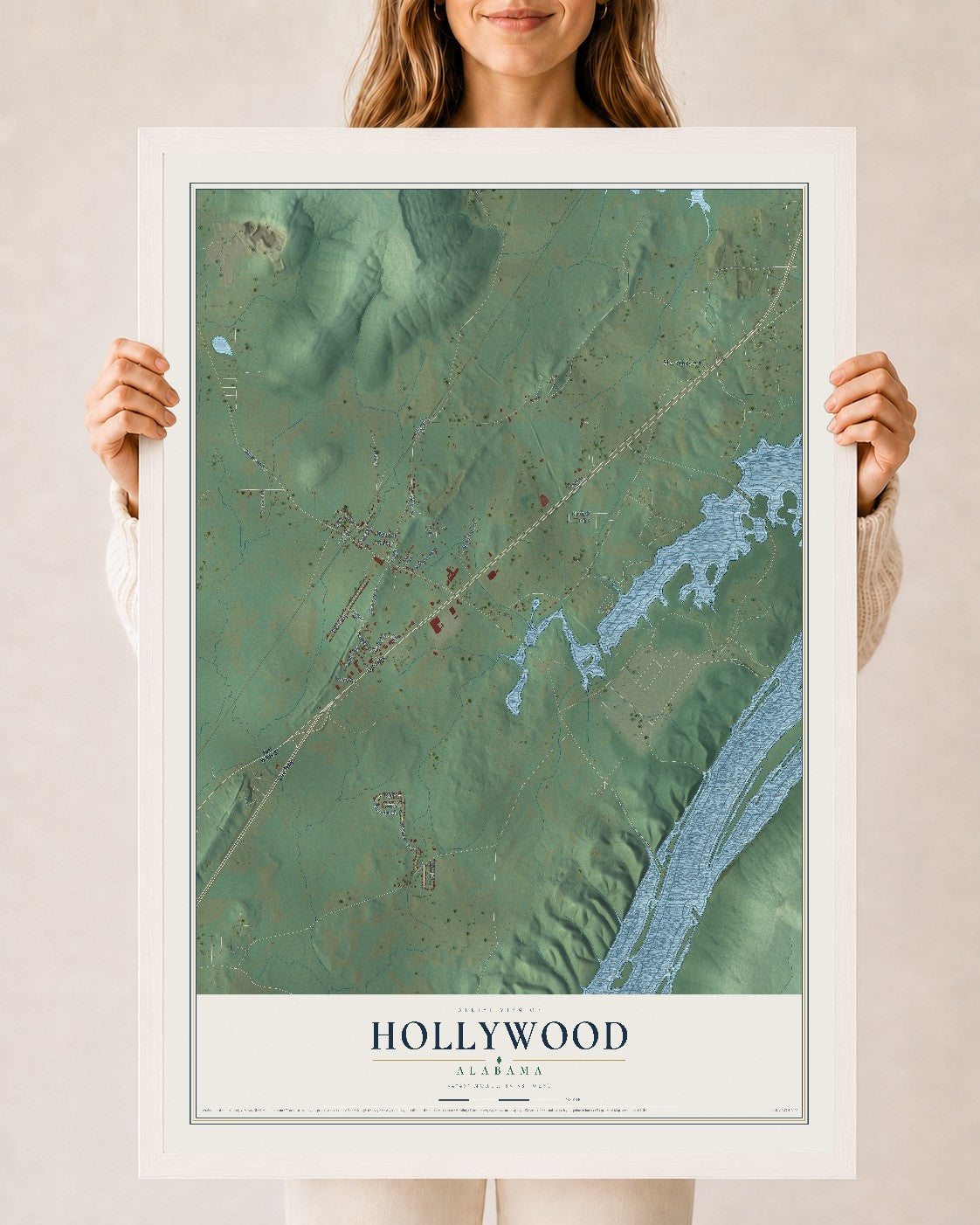 Map of Hollywood, Alabama, 24 x 36 inch print in a white wood frame