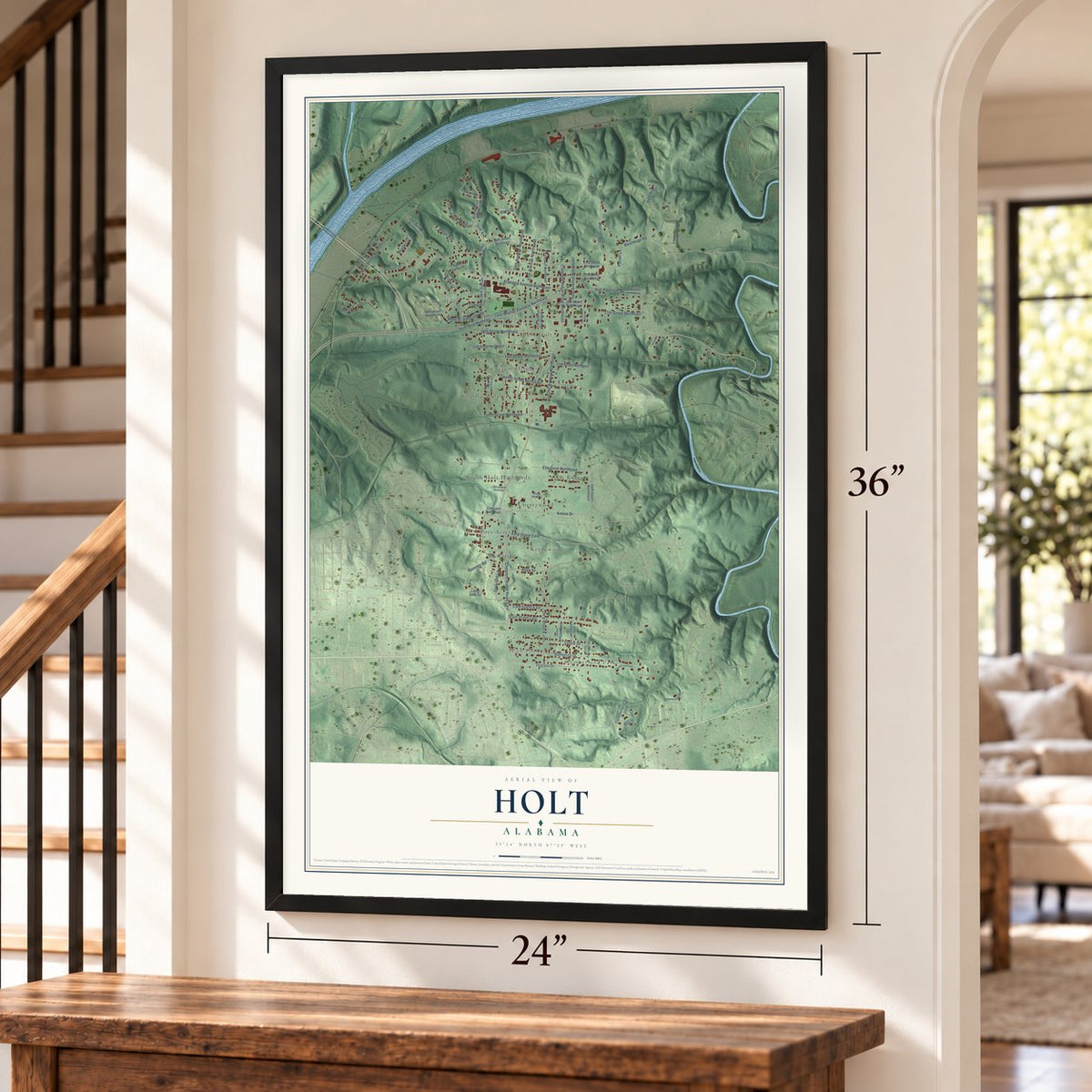Holt, Alabama map, 24 x 36 inch print in a black frame by a staircase