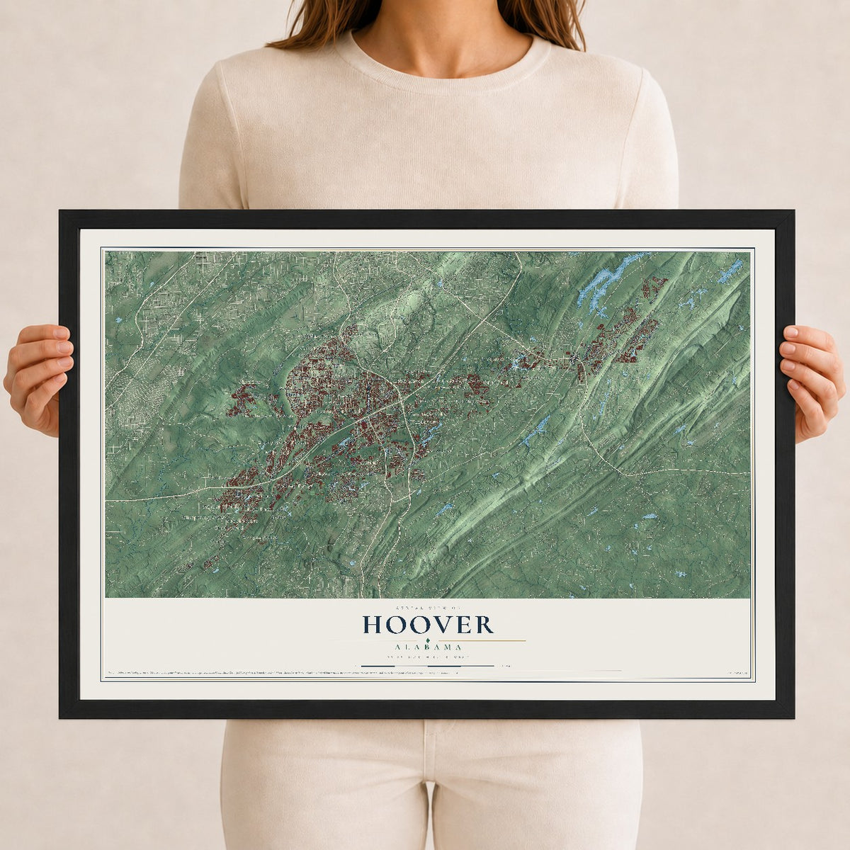 Map of Hoover, Alabama, 12 x 18 inch print in a black wood frame