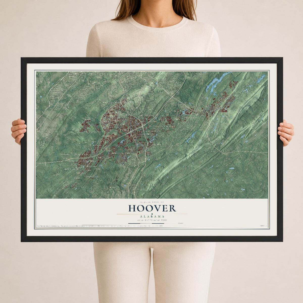Map of Hoover, Alabama, 24 x 36 inch print in a black wood frame