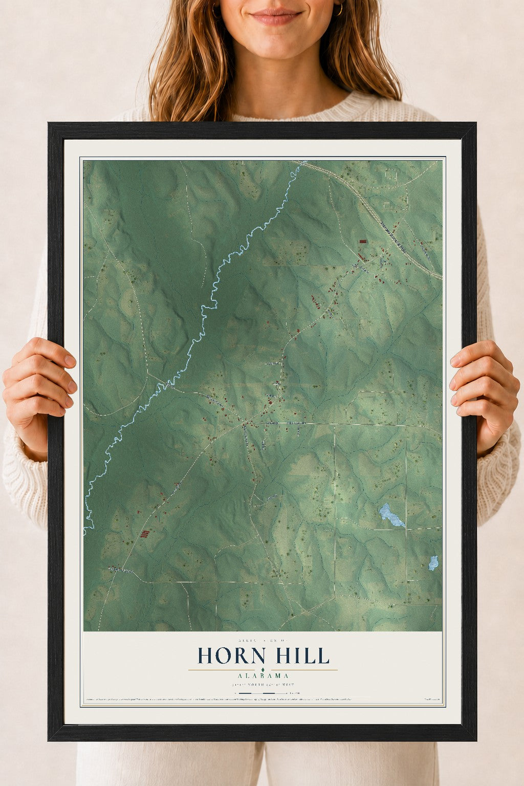 Map of Horn Hill, Alabama, 18 x 24 inch print in a black wood frame