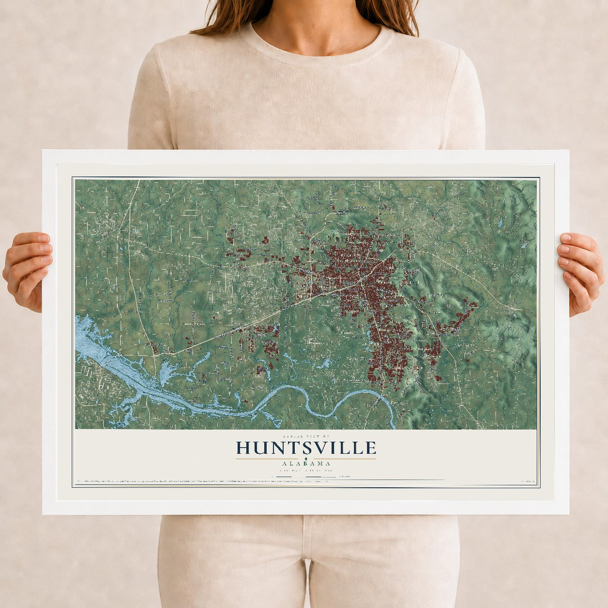 Map of Huntsville, Alabama, 12 x 18 inch print in a white wood frame