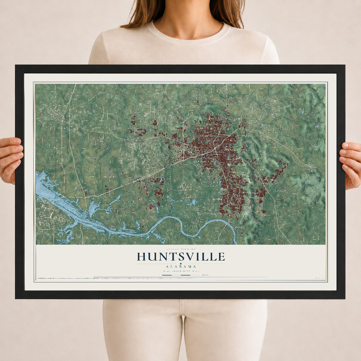 Map of Huntsville, Alabama, 18 x 24 inch print in a black wood frame