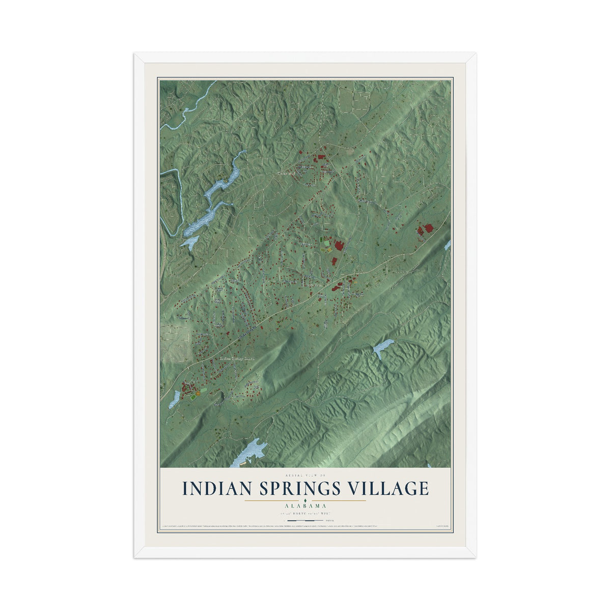 Map of Indian Springs Village, Alabama, 12 x 18 inch print in a white wood frame