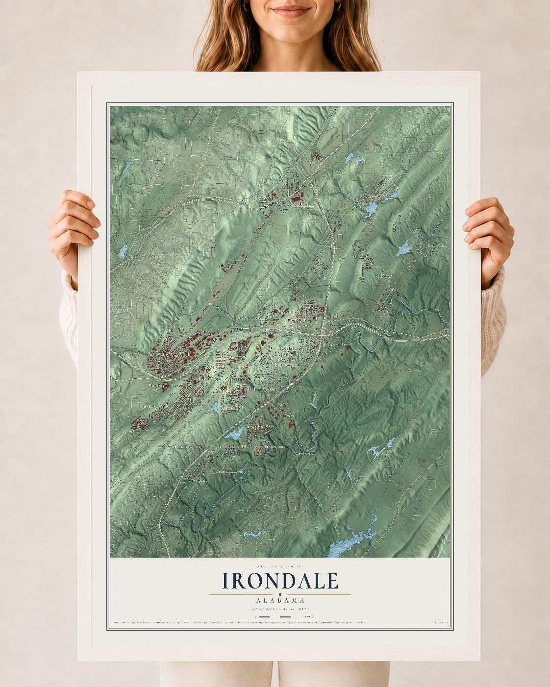 Map of Irondale, Alabama, 24 x 36 inch print in a white wood frame