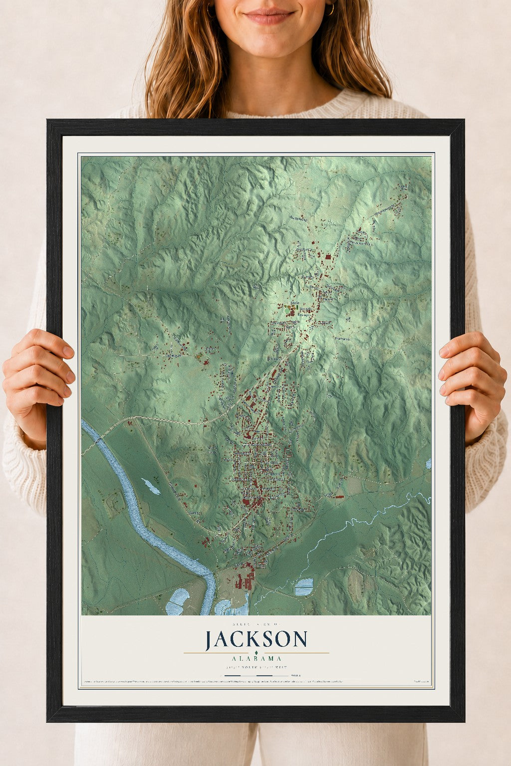Map of Jackson, Alabama, 18 x 24 inch print in a black wood frame