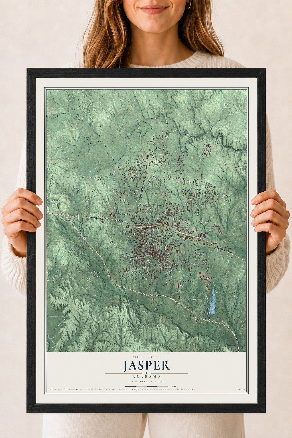 Map of Jasper, Alabama, 18 x 24 inch print in a black wood frame